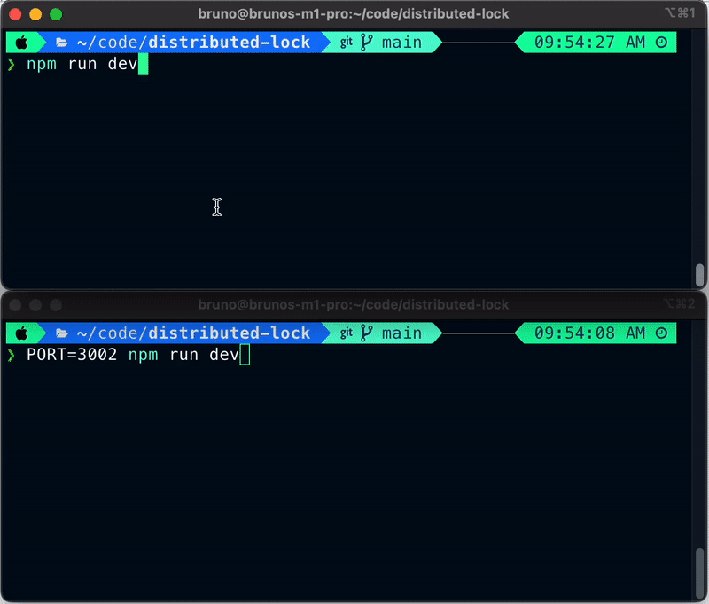 two terminal windows showing two instances of our app running and acquiring the lock